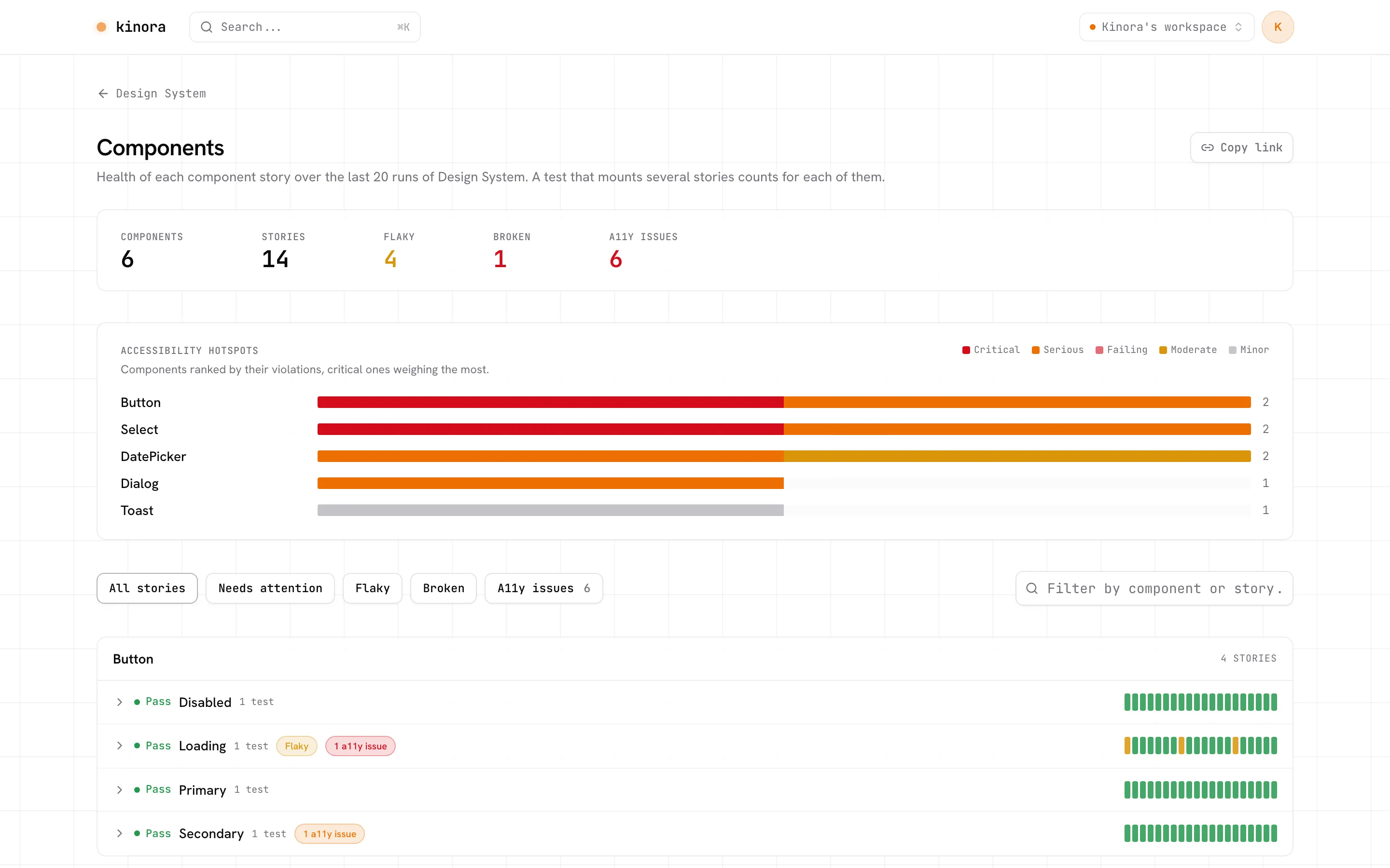 Components page with accessibility hotspots and each component listed with its stories, their status and a run history timeline