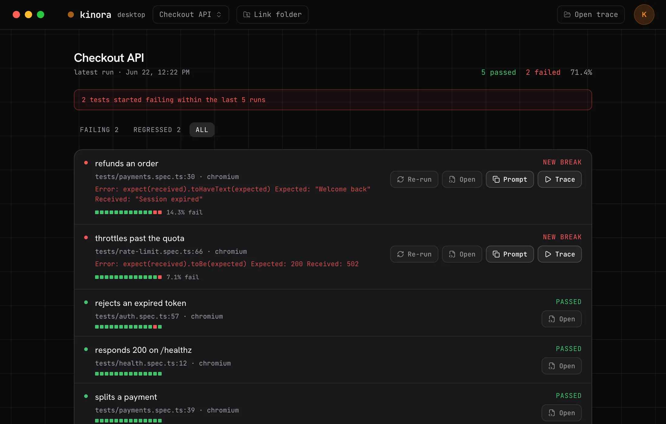 kinora desktop app showing a project's failing tests with re-run, open-in-editor, copy-prompt and view-trace actions