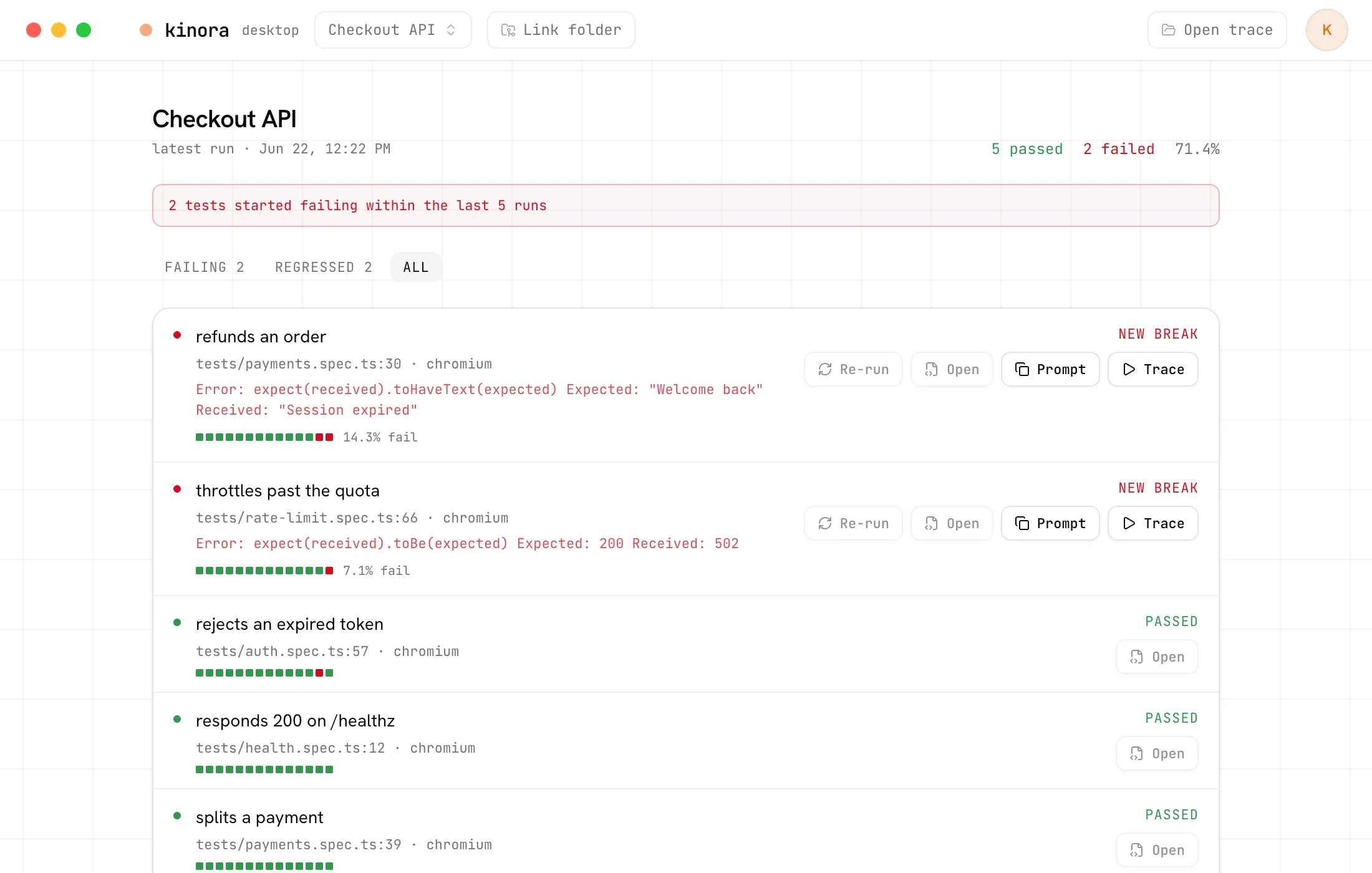 kinora desktop app showing a project's failing tests with re-run, open-in-editor, copy-prompt and view-trace actions
