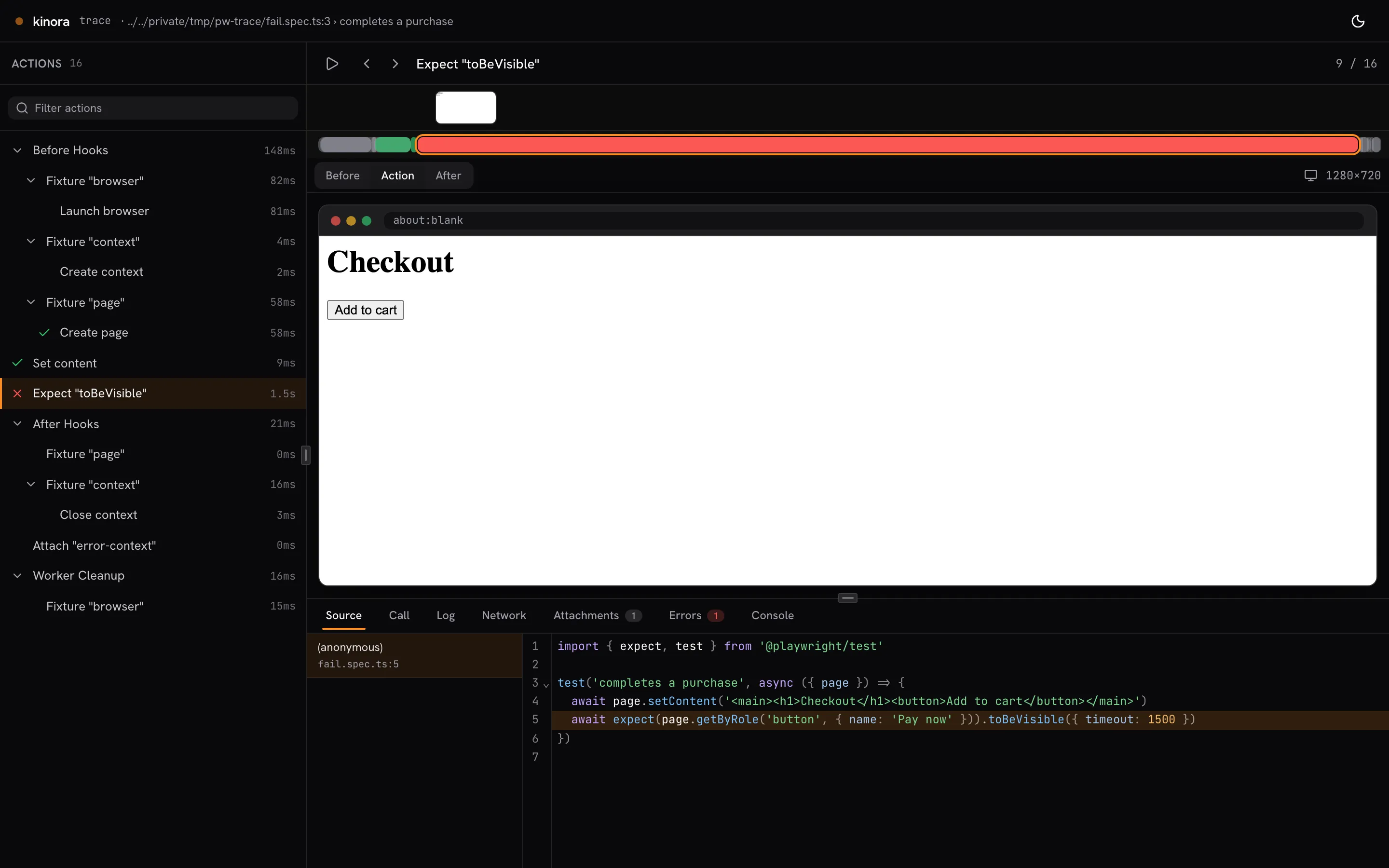 Embedded Playwright trace viewer showing the action timeline, a DOM snapshot, and the failing assertion in the source