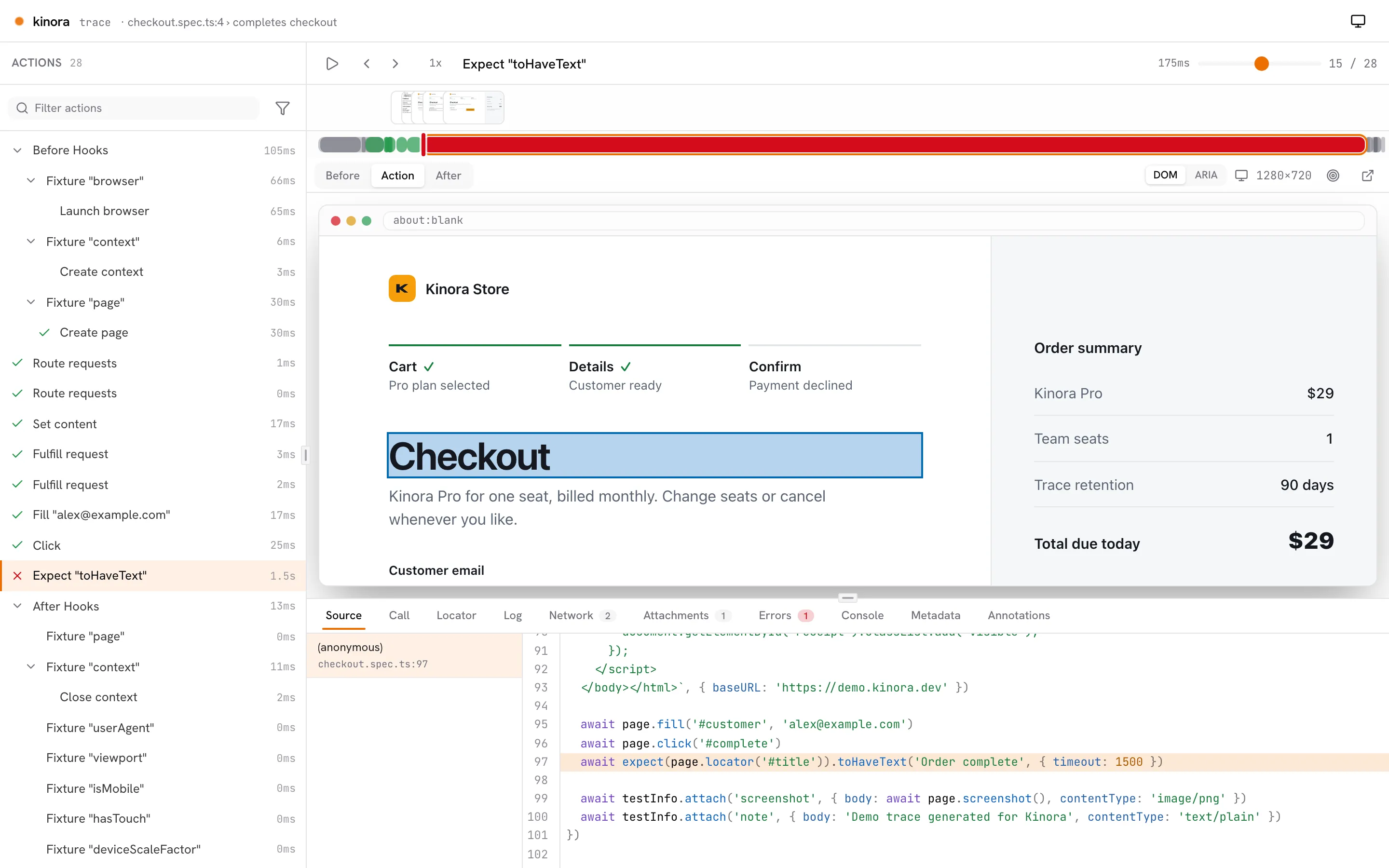 Embedded Playwright trace viewer showing the action timeline, a DOM snapshot, and the failing assertion in the source
