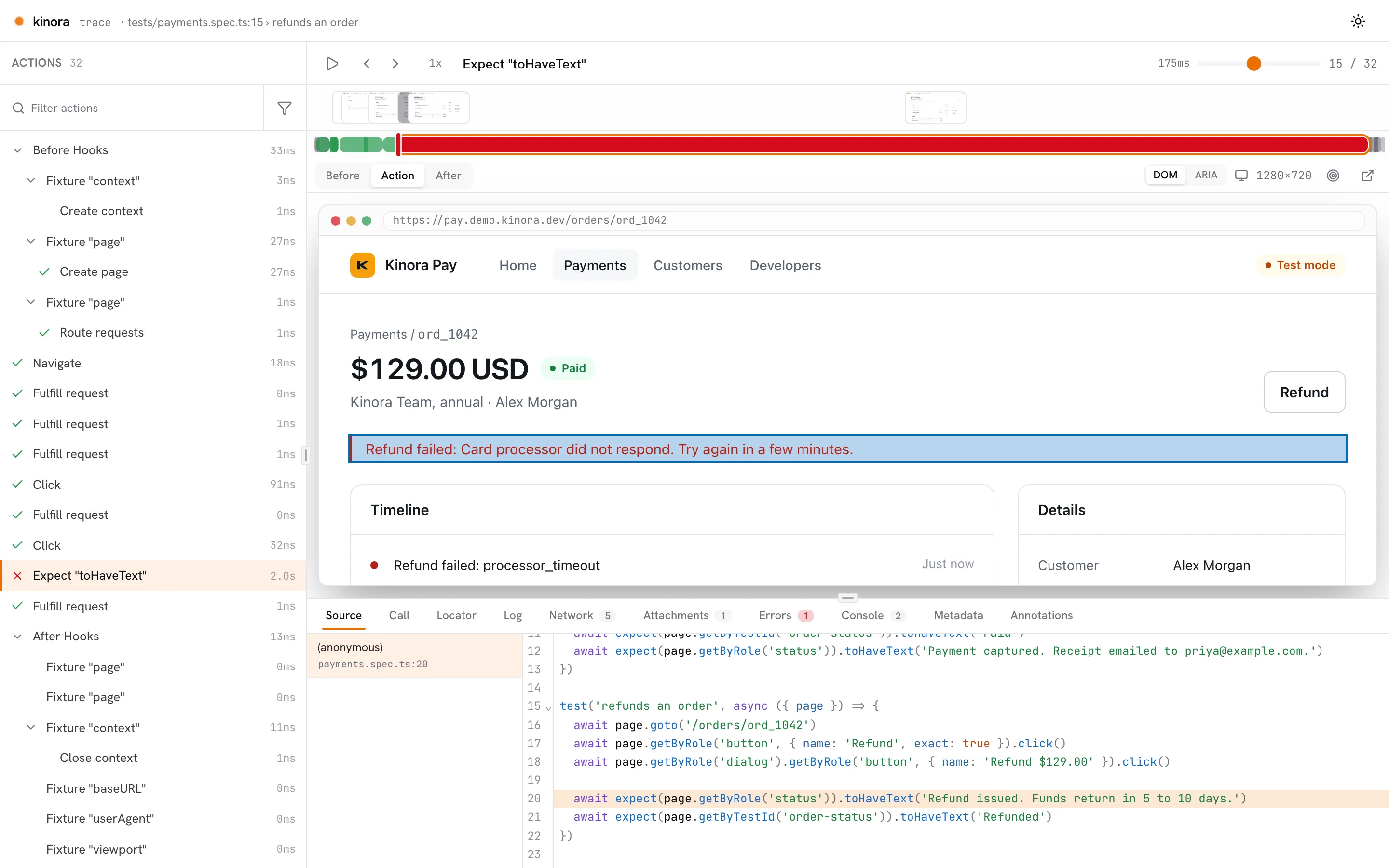 Embedded Playwright trace viewer showing the action timeline, a DOM snapshot, and the failing assertion in the source